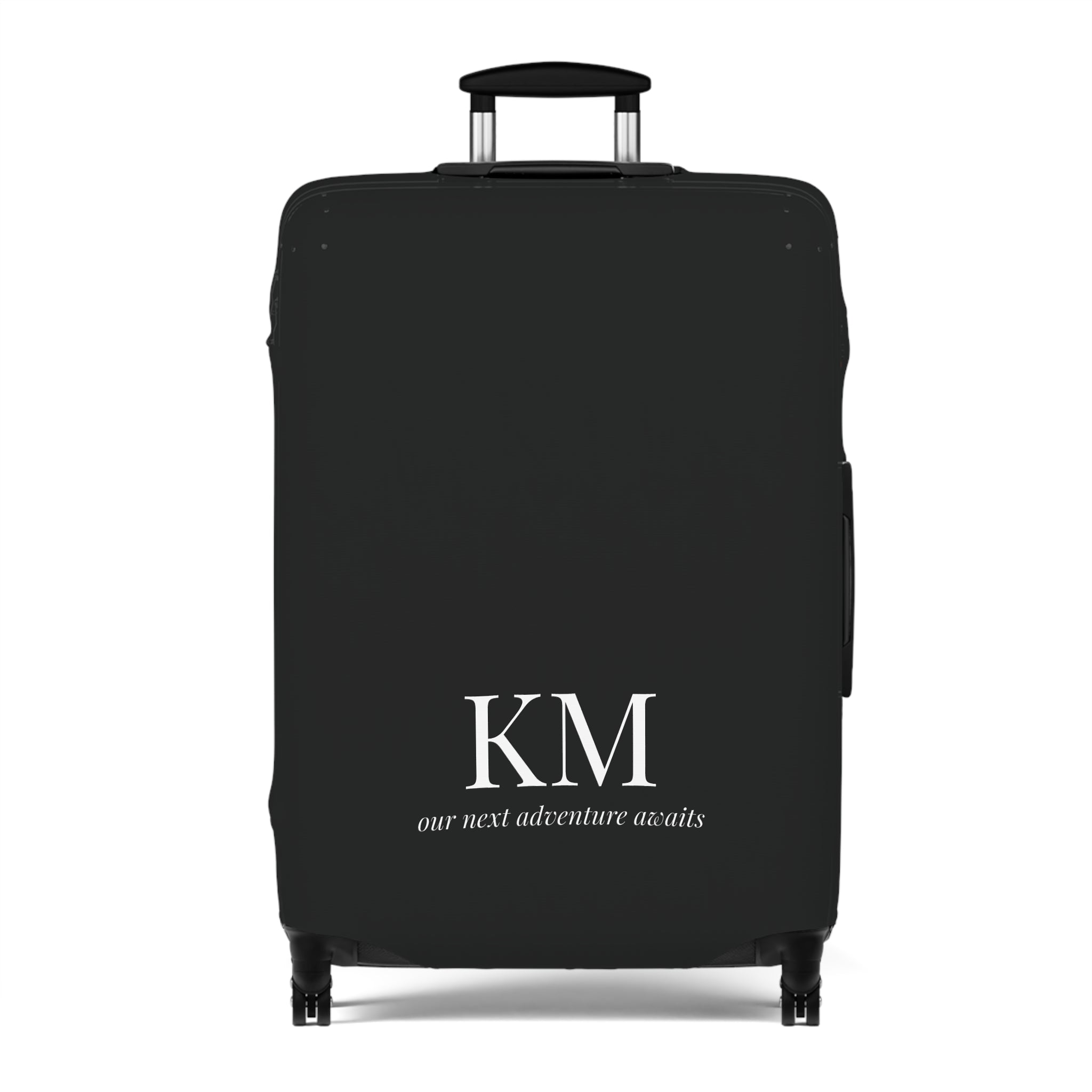 Personalized Black Luggage Cover — Monogram 'our next adventure awaits' Travel Protector