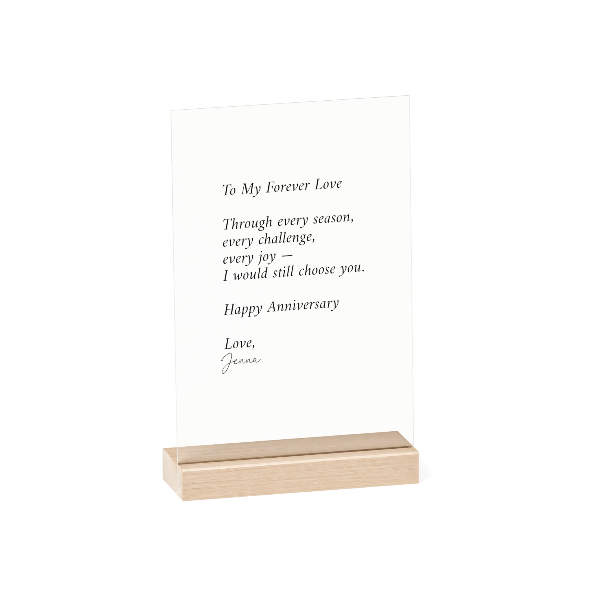 Anniversary Acrylic Plaque with Wooden Stand — Personalized Love Message