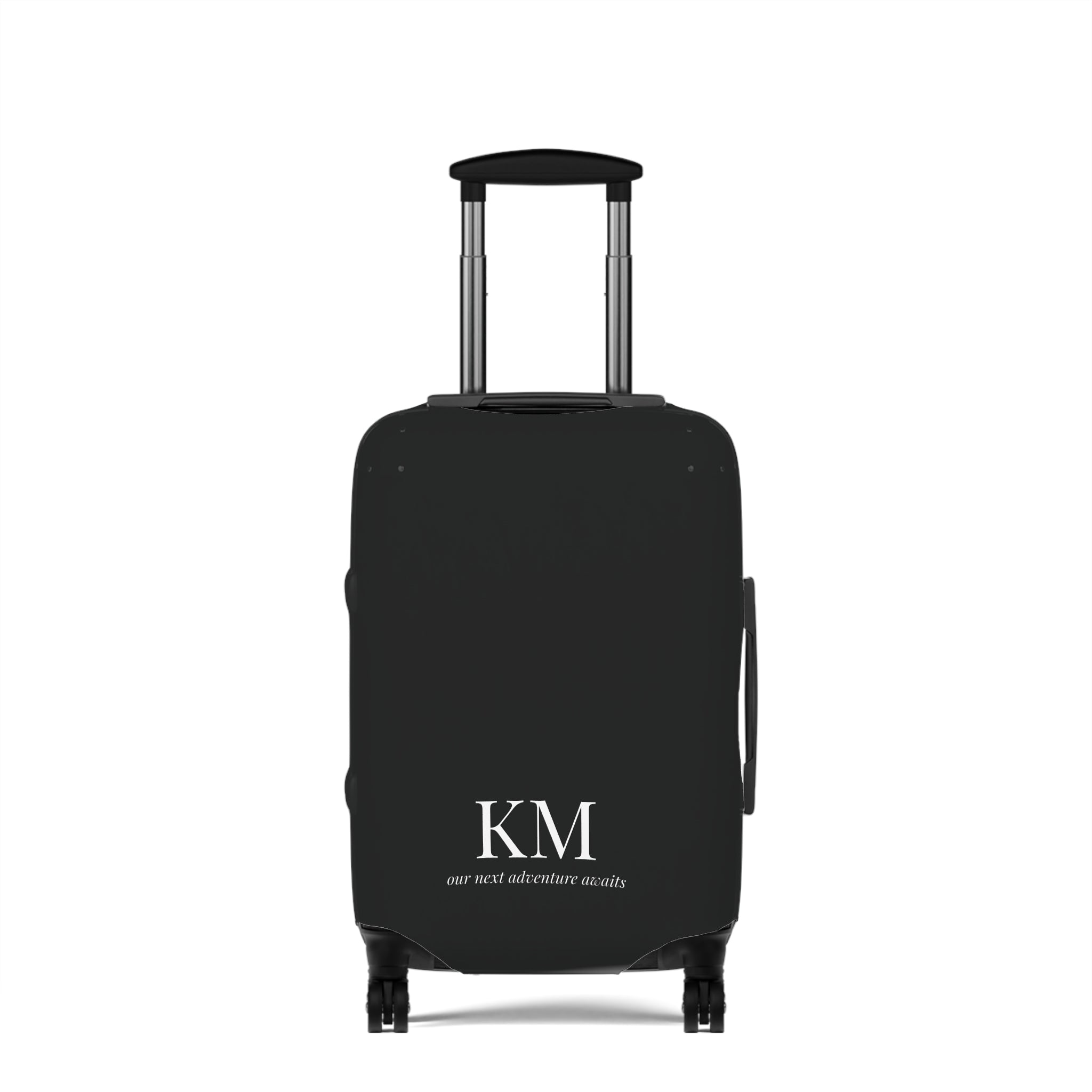 Personalized Black Luggage Cover — Monogram 'our next adventure awaits' Travel Protector