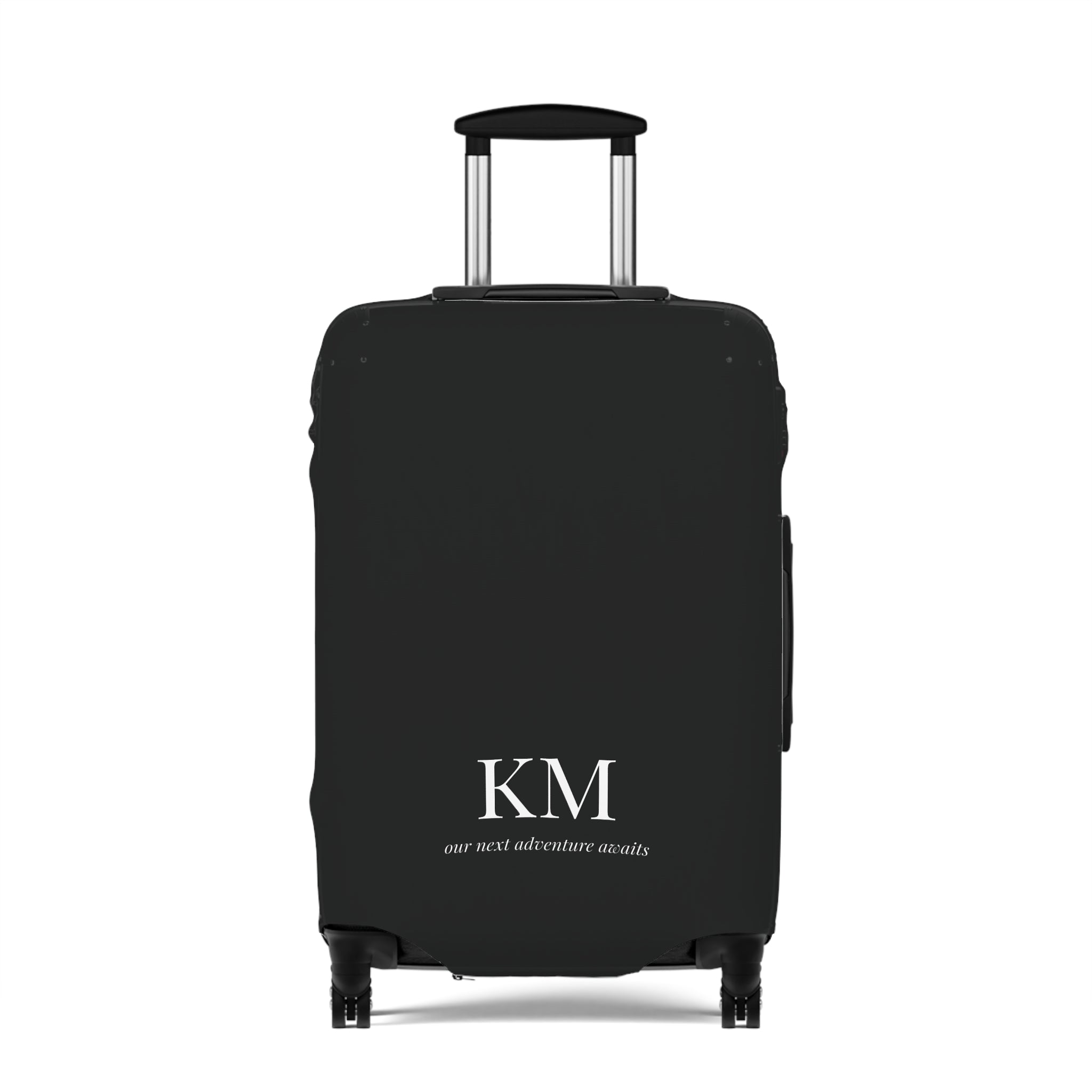 Personalized Black Luggage Cover — Monogram 'our next adventure awaits' Travel Protector