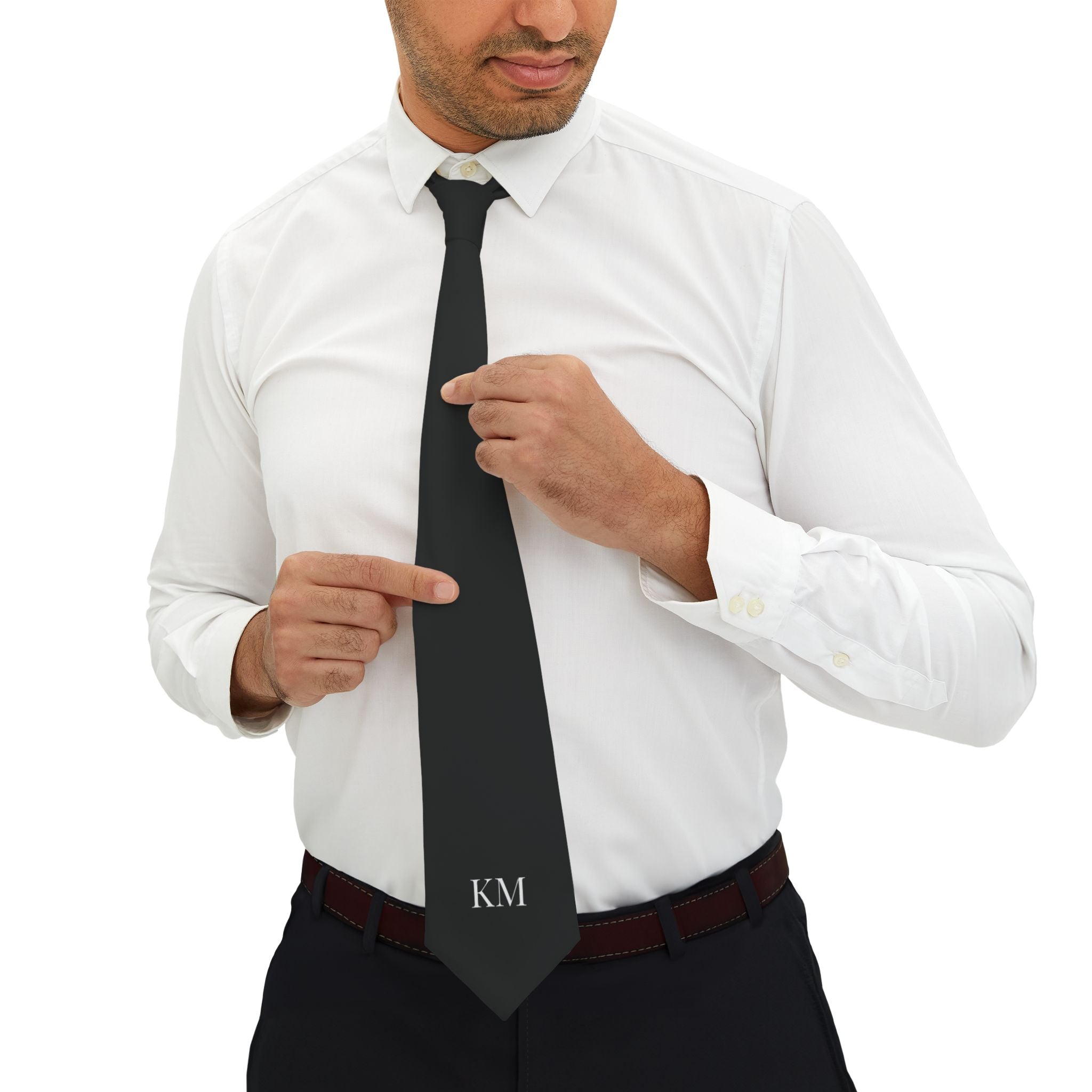 Classic Black Necktie with Subtle 'KM' Monogram — Formal Wedding & Business Tie