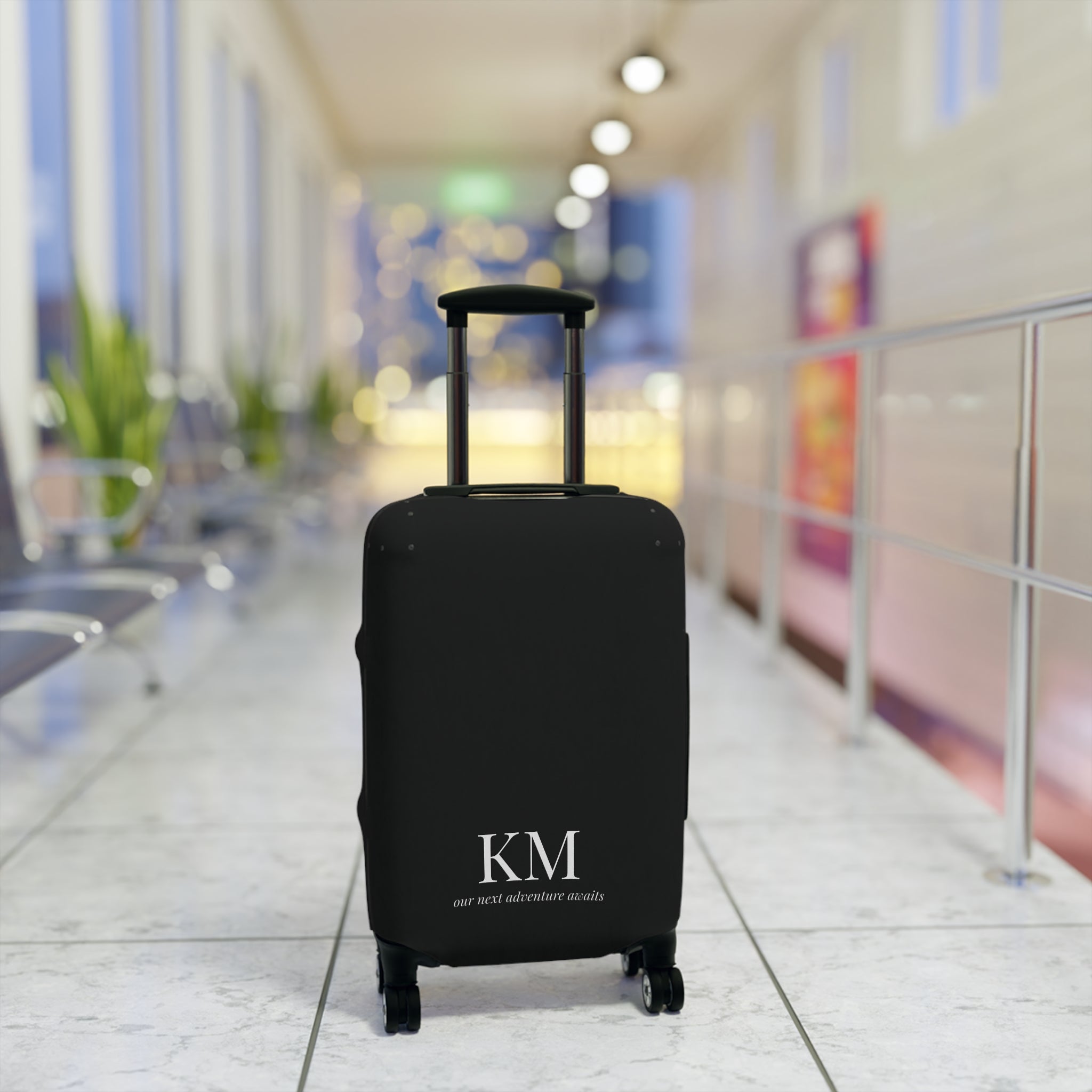 Personalized Black Luggage Cover — Monogram 'our next adventure awaits' Travel Protector