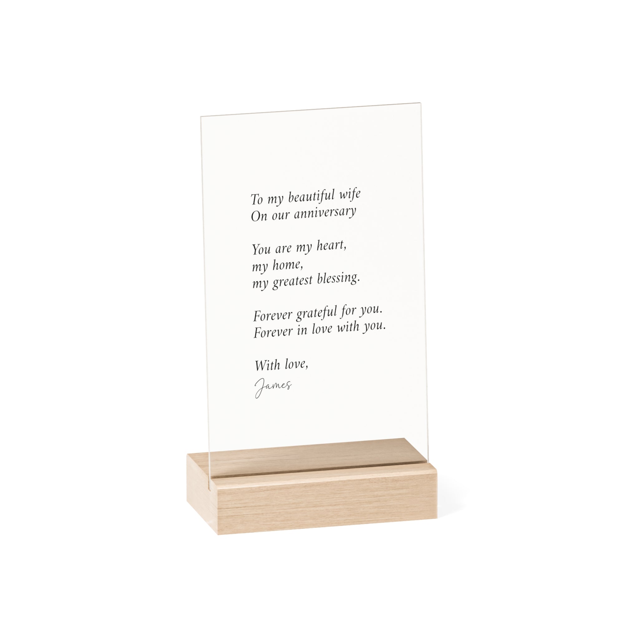 Anniversary Acrylic Plaque with Wooden Stand — Personalized Love Message