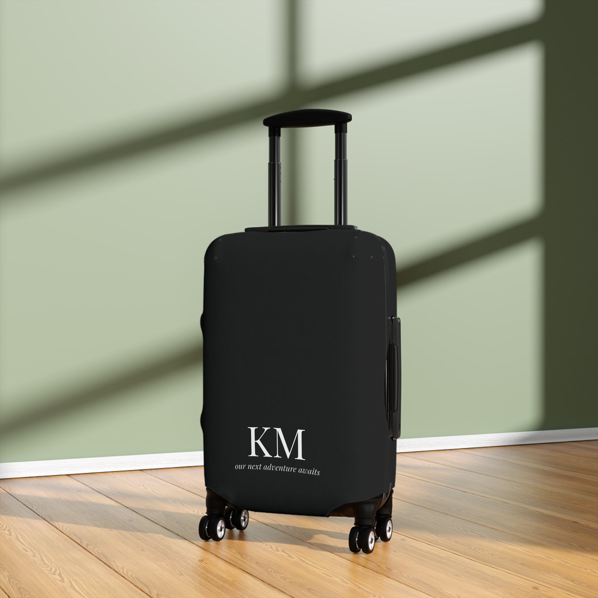 Personalized Black Luggage Cover — Monogram 'our next adventure awaits' Travel Protector