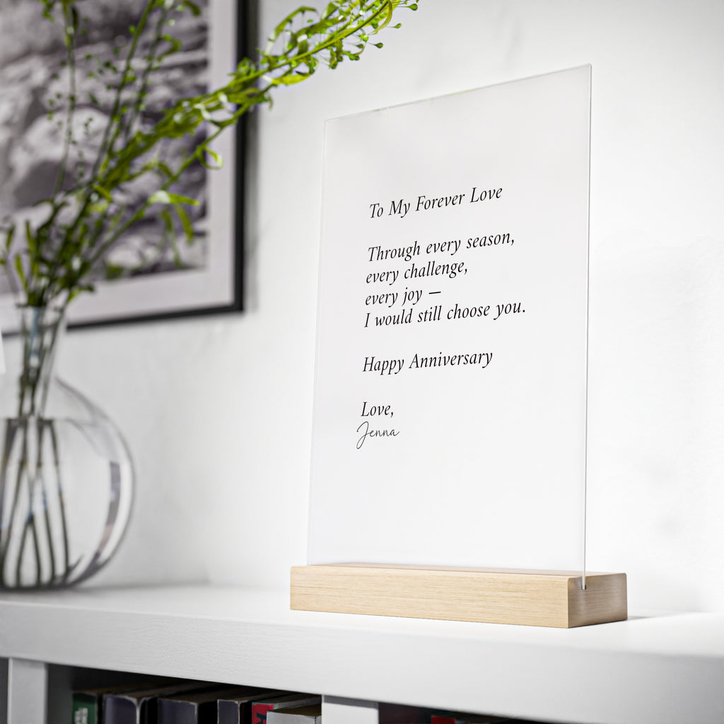 Anniversary Acrylic Plaque with Wooden Stand — Personalized Love Message