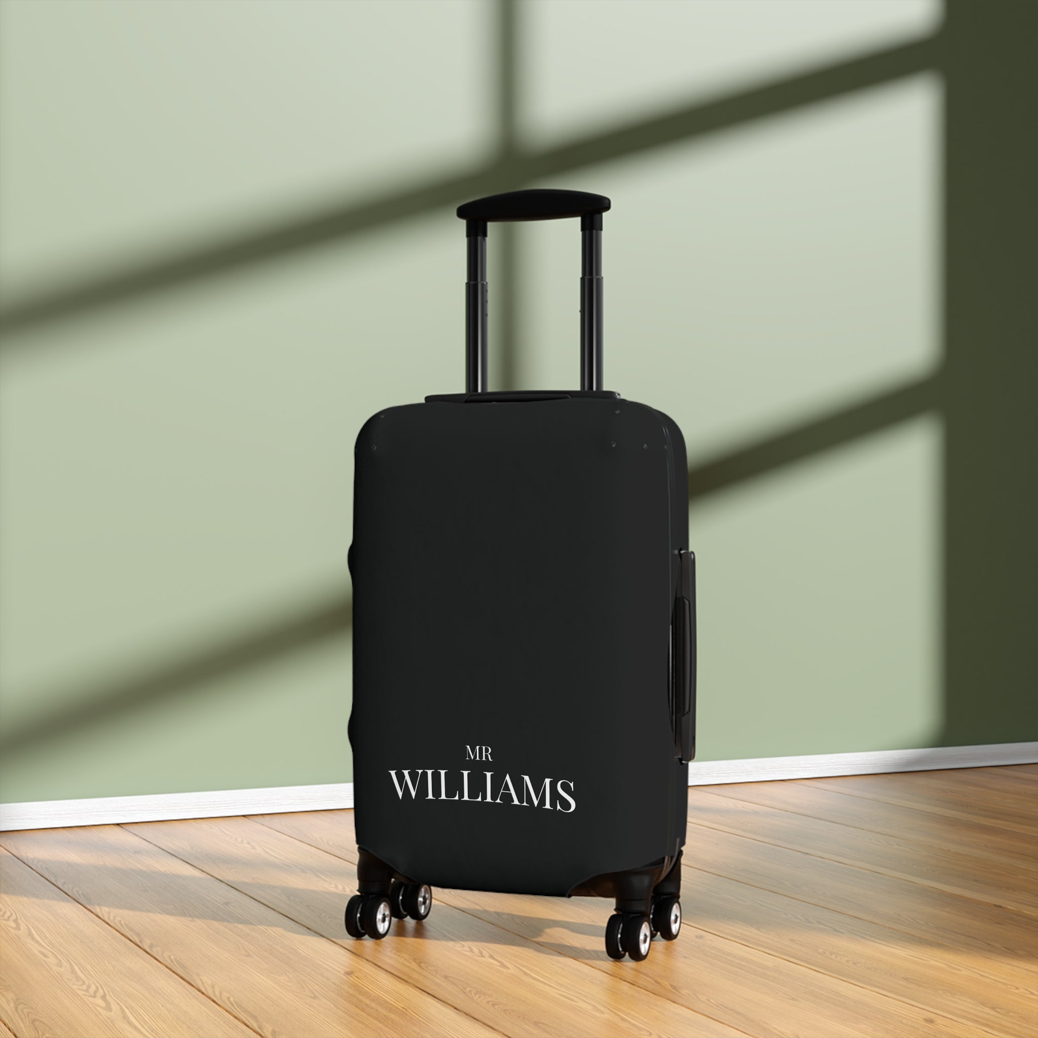Personalized Black Luggage Cover — Monogram 'Mr Williams' Travel Protector