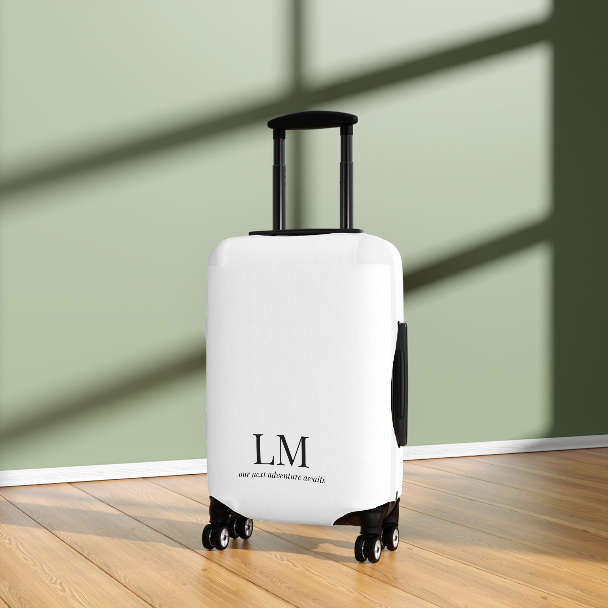 Personalized Black Luggage Cover — Monogram 'our next adventure awaits' Travel Protector