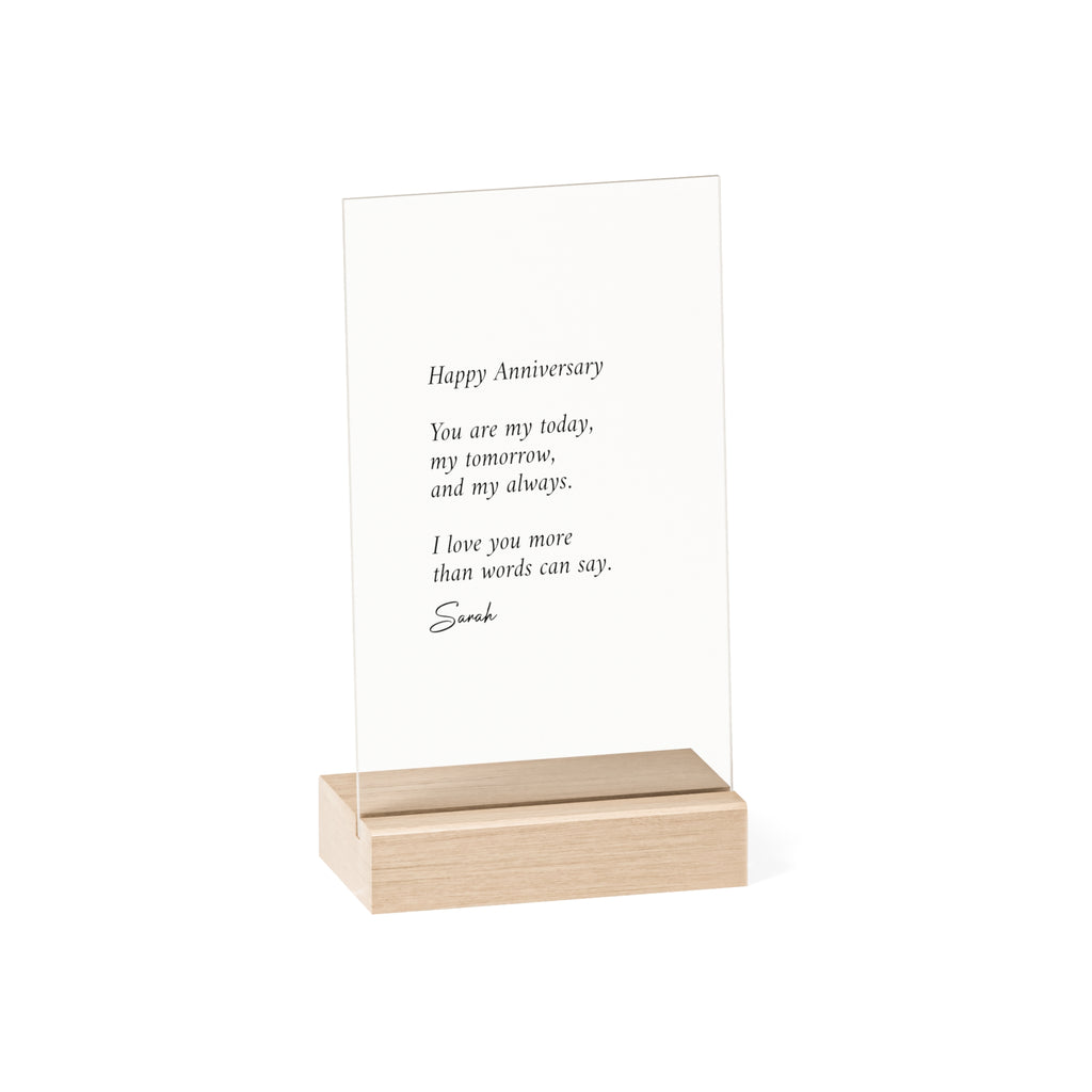 Anniversary Acrylic Plaque with Wooden Stand — Personalized Love Message