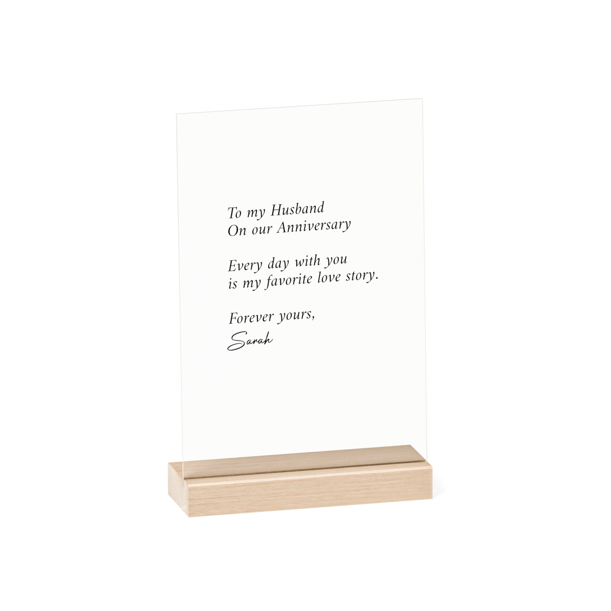 Anniversary Acrylic Plaque with Wooden Stand — Personalized Love Message