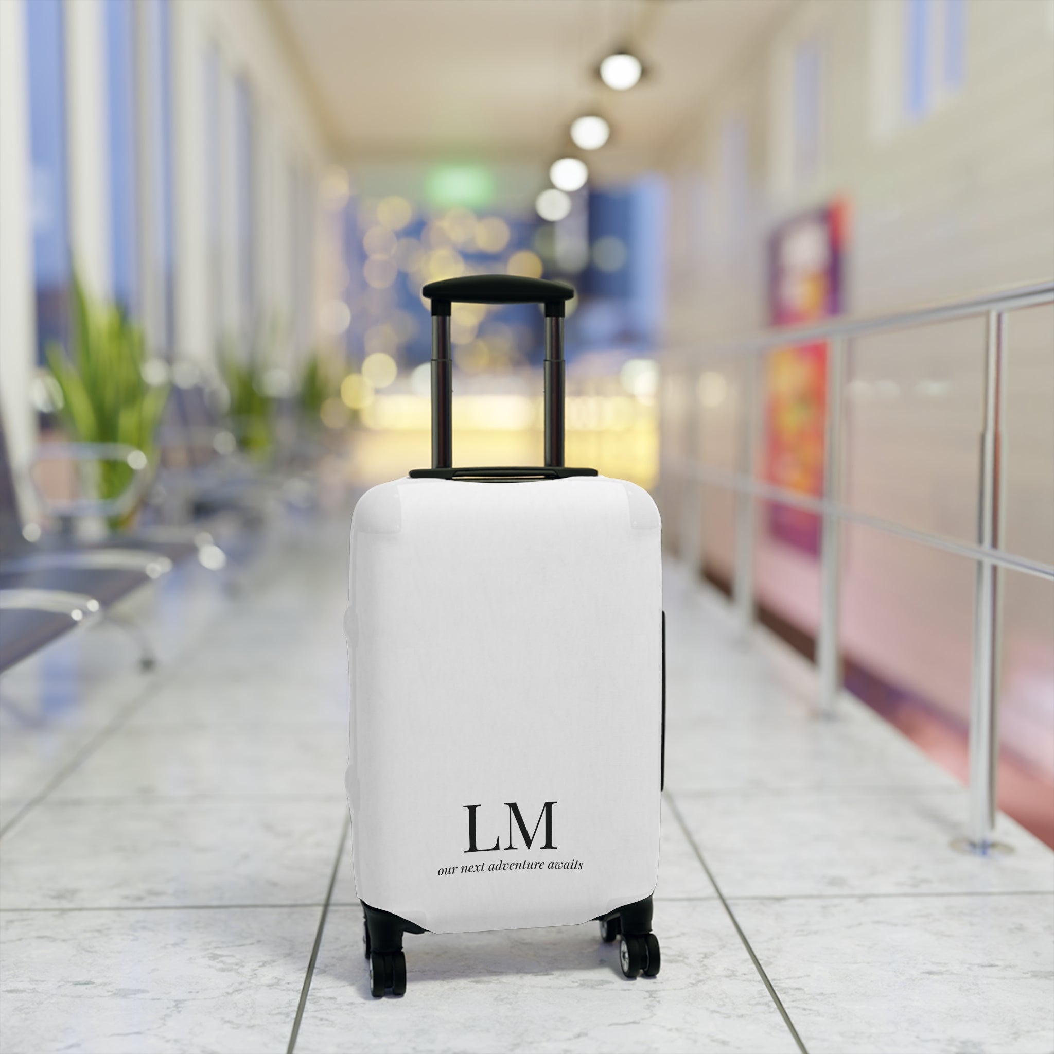 Personalized Black Luggage Cover — Monogram 'our next adventure awaits' Travel Protector