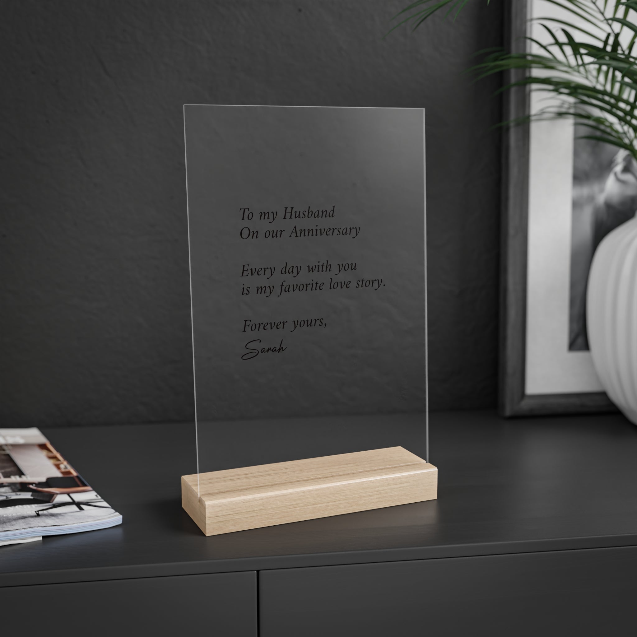 Anniversary Acrylic Plaque with Wooden Stand — Personalized Love Message