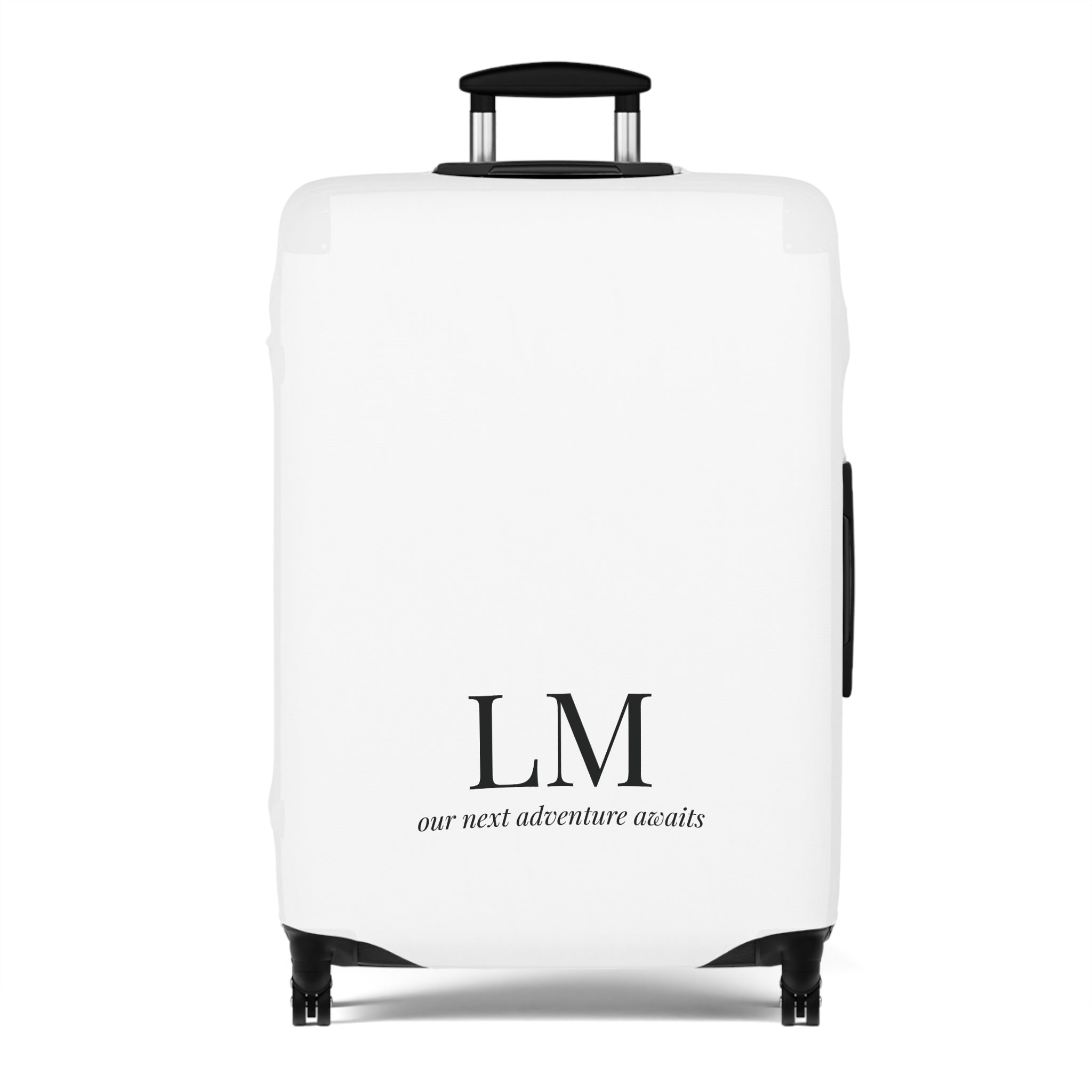 Personalized Black Luggage Cover — Monogram 'our next adventure awaits' Travel Protector