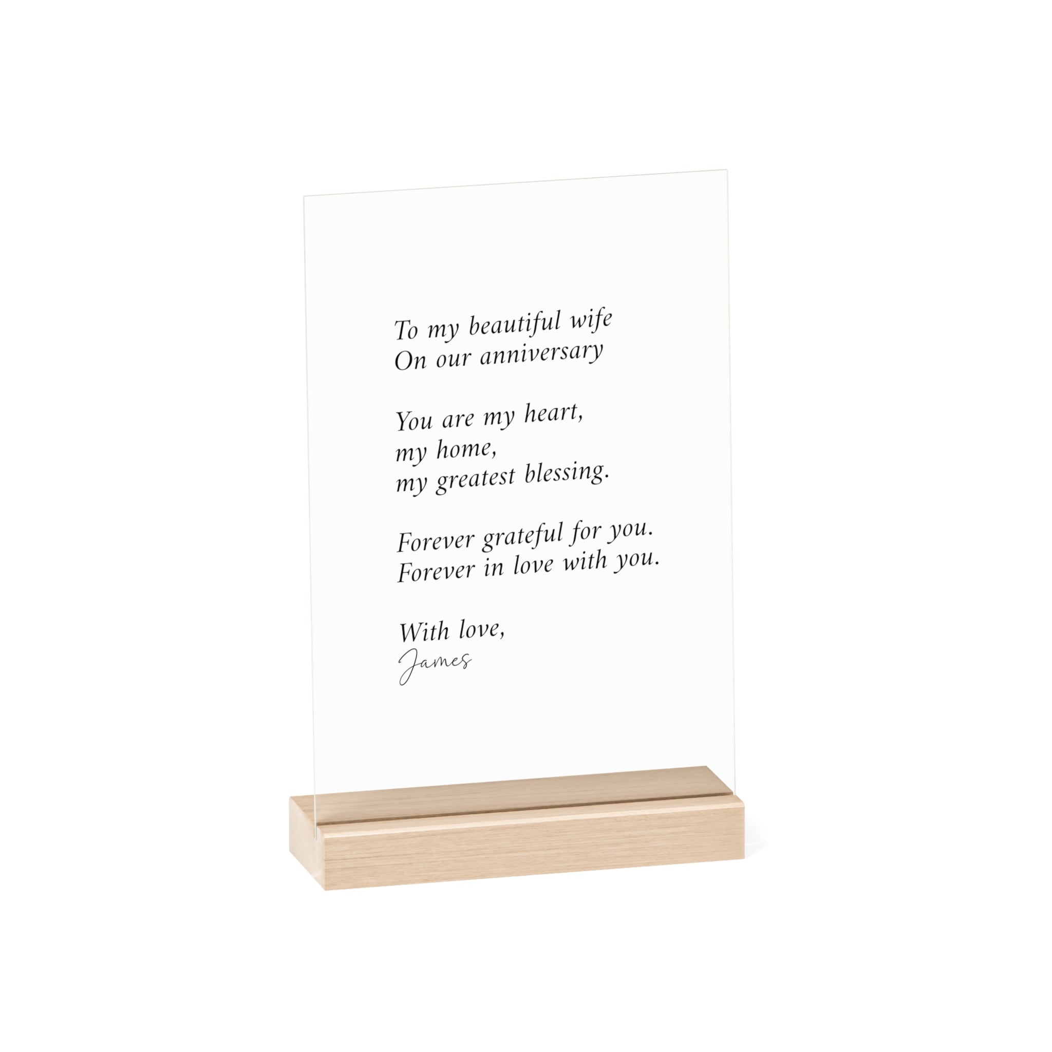 Anniversary Acrylic Plaque with Wooden Stand — Personalized Love Message