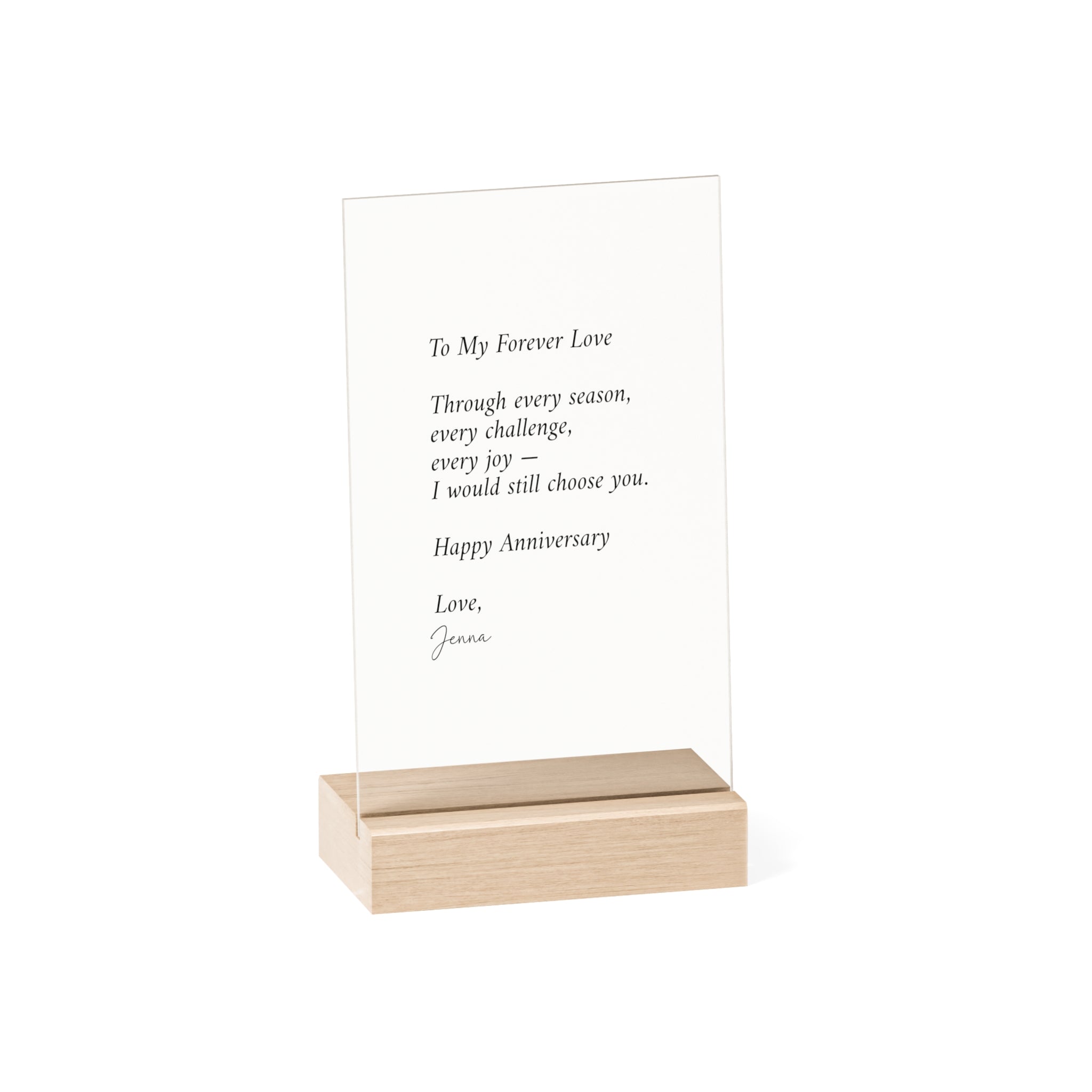 Anniversary Acrylic Plaque with Wooden Stand — Personalized Love Message
