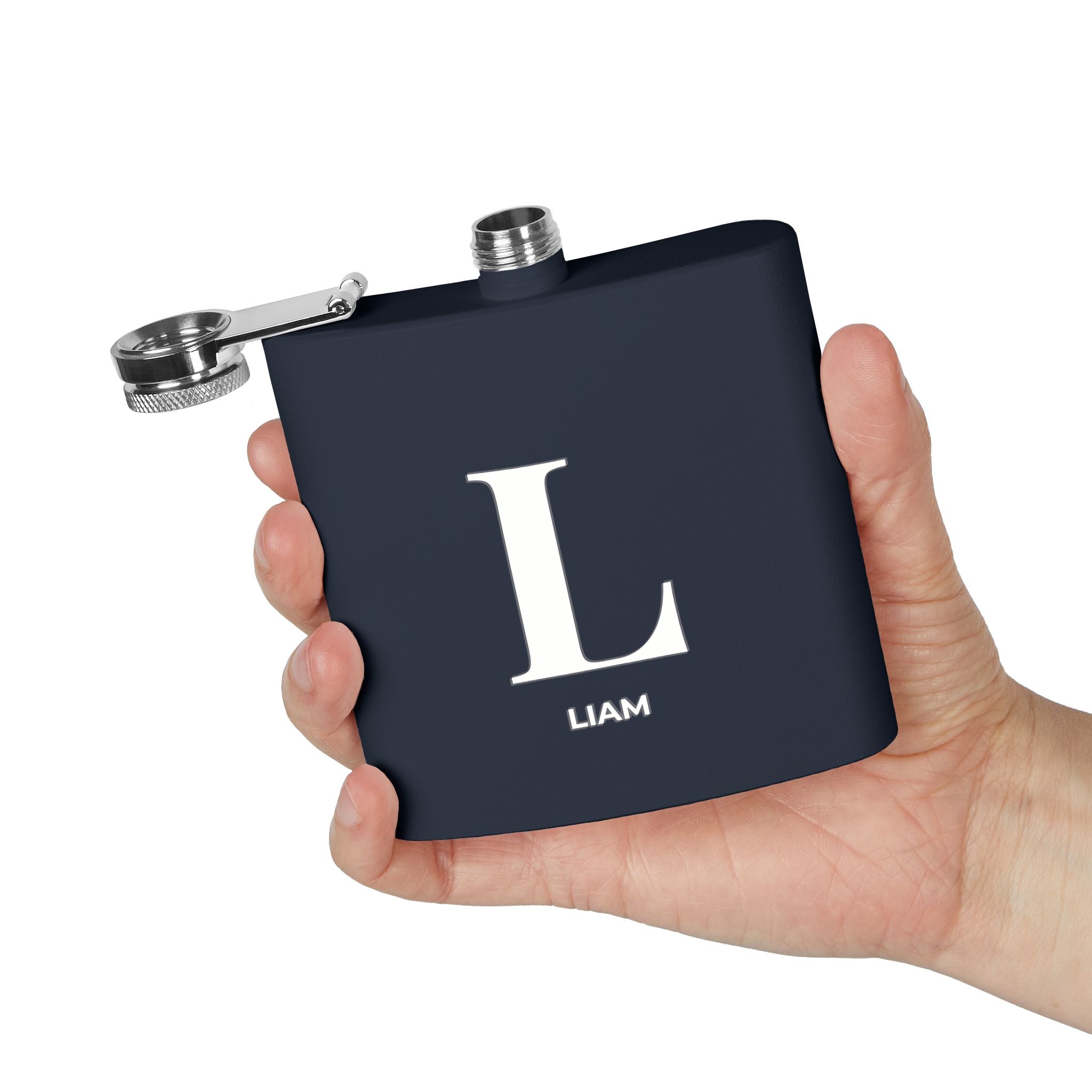 Personalized Monogram Flask — Navy Stainless Steel 6oz (Custom Name)